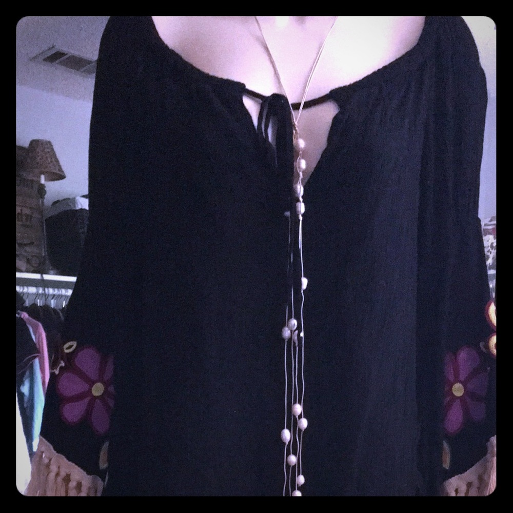 Vava blk dress with embroidery flowers fringe